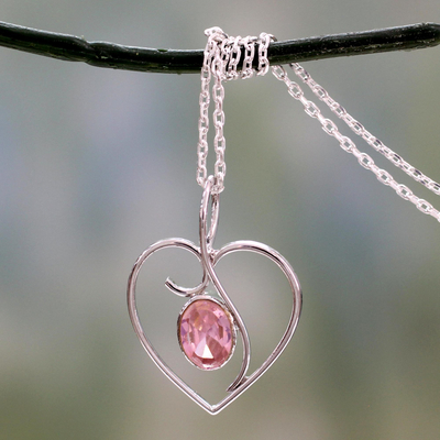 Sterling silver heart necklace, 'Pink Romance' - Heart Jewellery Necklace in Sterling Silver and Pink CZ