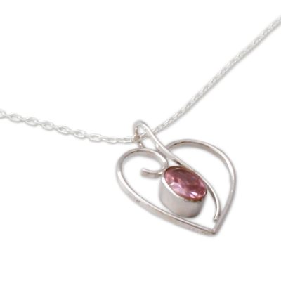 Sterling silver heart necklace, 'Pink Romance' - Heart Jewellery Necklace in Sterling Silver and Pink CZ