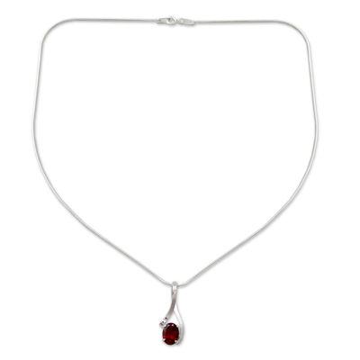 Garnet necklace, 'Love in a Ribbon' - Handcrafted Indian Sterling Silver Pendant Garnet Necklace