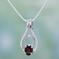 Garnet pendant necklace, 'Angel of Love' - Sterling Silver and Garnet Necklace Modern Jewelry
