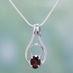 Garnet pendant necklace, 'Angel of Love' - Sterling Silver and Garnet Necklace Modern Jewelry