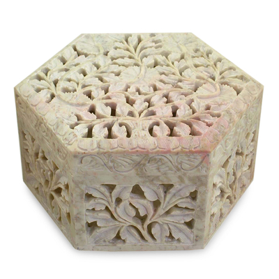 Soapstone Jewellery box, 'White Jasmine' - Handcrafted Jali Soapstone Jewellery Box