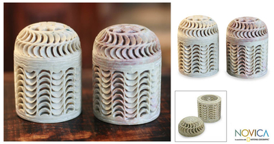 Soapstone jars, 'Nautilus' (pair) - Handcrafted Natural Soapstone Jars in Jali Openwork (Pair)