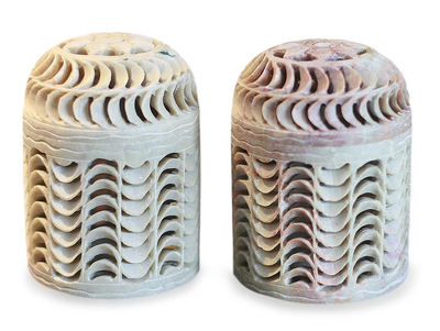 Handcrafted Natural Soapstone Jars in Jali Openwork (Pair)