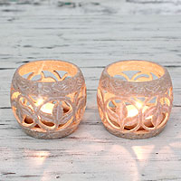 Soapstone candleholders, 'Fig Leaf' (pair) - Tea Light Artisan Candleholders