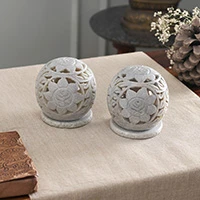 Soapstone candleholders, 'Sunflowers' (pair) - Natural Soapstone Candleholders Hand Carved in India (Pair)