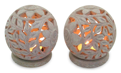 Natural Soapstone Candleholders Hand Carved in India (Pair)