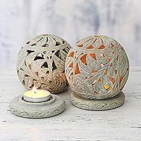 Soapstone candleholders, 'Tea Roses' - Natural Soapstone Candle Holder Hand Made Jali Pair Set