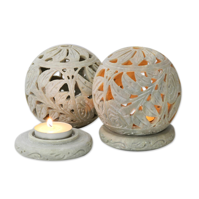 Natural Soapstone Candle Holder Hand Made Jali Pair Set