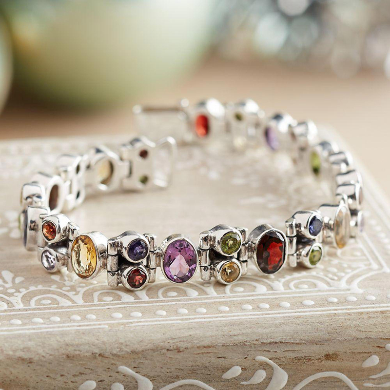 Hand-Carved Colorful Multi-Gemstone 925 Silver Beaded buy Artisian Bracelet