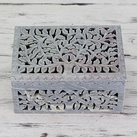 Soapstone jewelry box, 'Honeysuckle' - Hand Carved Jali Soapstone jewellery Box