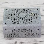 Soapstone jewelry box, 'White Roses' - Jali Soapstone Jewelry Box