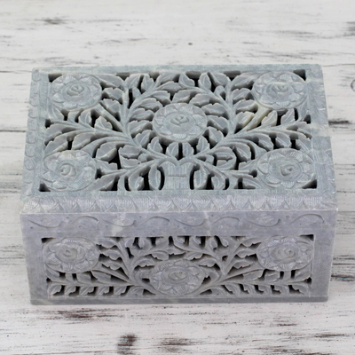 Soapstone Jewellery box, 'White Roses' - Jali Soapstone Jewellery Box