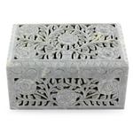 Soapstone jewelry box, 'White Roses' - Jali Soapstone Jewelry Box