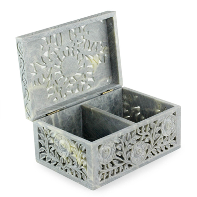 Soapstone jewelry box, 'White Roses' - Jali Soapstone Jewelry Box
