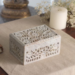 Soapstone jewelry box, 'White Roses' - Jali Soapstone Jewelry Box
