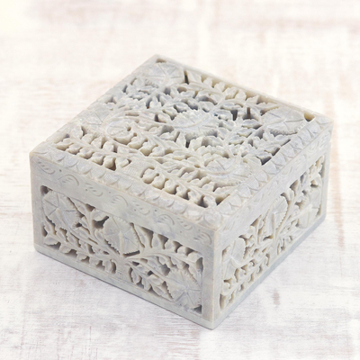 Soapstone jewelry box, 'Poppies' - Jali Carving Soapstone Jewelry Box