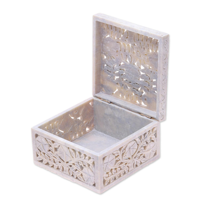 Soapstone Jewellery box, 'Poppies' - Jali Carving Soapstone Jewellery Box