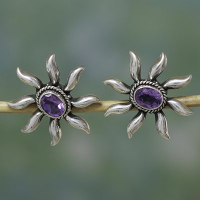 Amethyst button earrings, 'Purple Sun' - Handcrafted Floral Sterling Silver Button Amethyst Earrings
