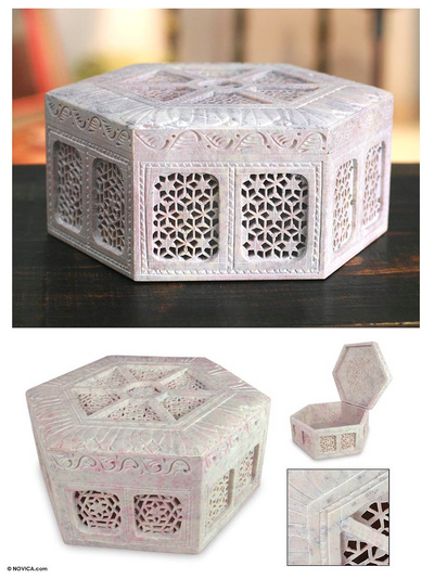 Soapstone jewelry box, 'Royal Palace' - Unique Jali Soapstone Jewelry Box from India