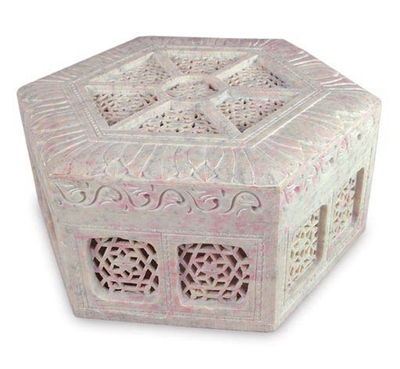 Soapstone jewelry box, 'Royal Palace' - Unique Jali Soapstone Jewelry Box from India