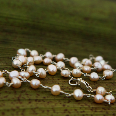 Pearl necklace, 'Pink Radiance' - Handmade Fine Silver Pearl Strand Necklace