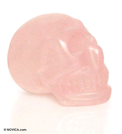 Rose quartz statuette, 'Pink Skull' - Handcrafted Skull Quartz Sculpture