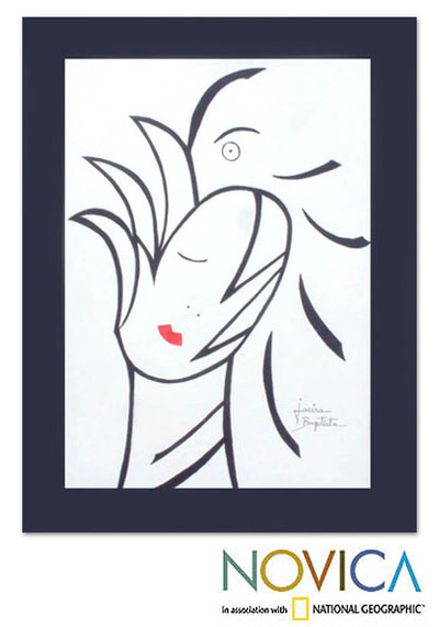 'Kolibri'. - Freiform-abstrakte Tuschemalerei eines Vogels und einer Frau