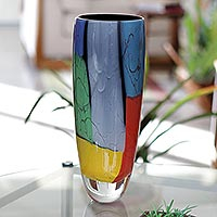 Handblown art glass vase, 'Elegance - Black Rim' - Black-Rimmed Multicolor Handblown Glass Vase