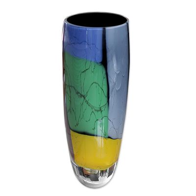 Handblown art glass vase, 'Elegance - Black Rim' - Unique Handblown Glass Vase