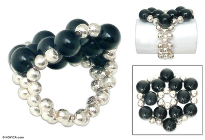 Onyx cluster ring, 'Flower of Beauty' - Beaded Onyx and 950 Silver Women's Cocktail Ring
