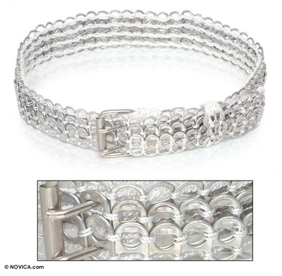 Soda pop-top belt, 'Pearl White Armor Chain Mail' - Recycled Soda Pop Top Belt