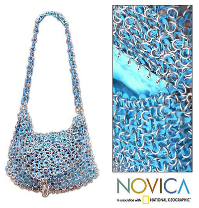 Soda pop-top handbag, 'Turquoise Spark' - Recycled Aluminum Soda Pop-Top Shoulderbag