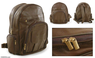 Multi-pocket leather backpack, 'Brazilian Beige' - Multi-pocket leather backpack