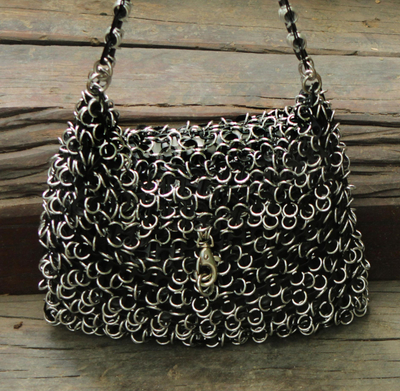 Soda pop-top shoulder bag, 'Shimmery Night' - Black Crochet Recycled Poptop Shoulder Bag from Brazil 