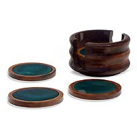 Green agate and cedar coasters, 'Rainforest' (set of 6) - Hand Made Brazilian Agate Stone Coasters (Set of 6)