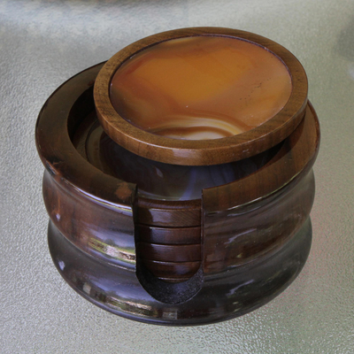 Agate and cedar coasters, 'Heart of Earth' (set of 6) - Orange Agate Stone Wood Coaster Barware (Set of 6)