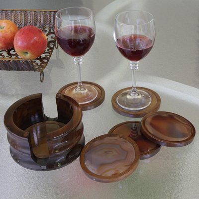 Agate and cedar coasters, 'Heart of Earth' (set of 6) - Orange Agate Stone Wood Coaster Barware (Set of 6)