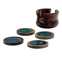 6 Dark Green Agate and Cedar Coasters with Stand,'Amazon Emerald'