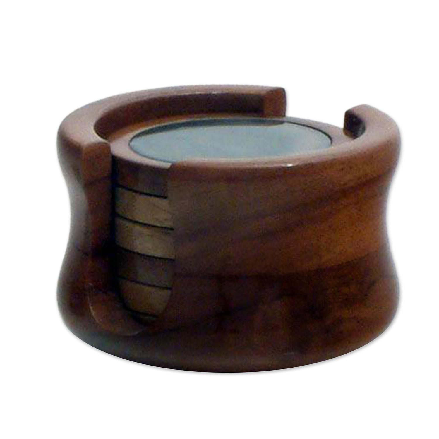 6 Dark Green Agate and Cedar Coasters with Stand Amazon Emerald NOVICA