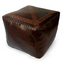 Tooled leather ottoman cover, 'Floral Sun' - Tooled leather ottoman cover