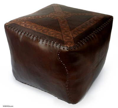 Tooled leather ottoman cover, 'Floral Sun' - Tooled leather ottoman cover