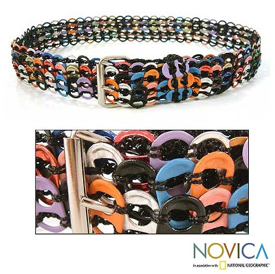 Soda pop-top belt, 'Multicolor Armor Chain Mail in Black' - Recycled Pop Top Belt