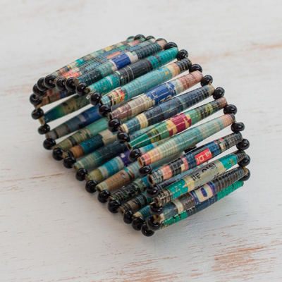 Recycled paper bracelet, 'The News is Blue' - Hand Made Recycled Paper Stretch Bracelet