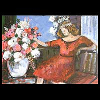 'Mujer entre flores' - Mujer de rojo con flores Cuadro moderno