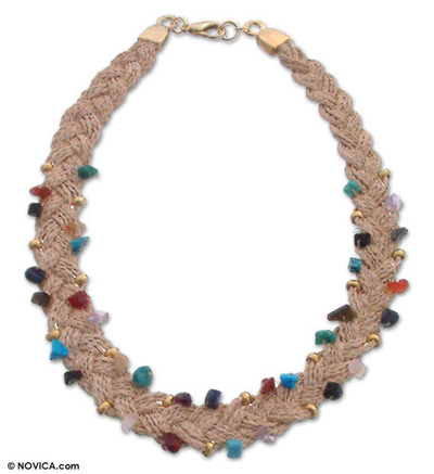Gold and palm necklace, 'Bright Rainbow Gems' - Gold and palm necklace