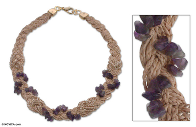 Gold and palm necklace, 'Amethyst Cascade' - Gold and palm necklace