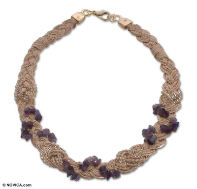 Gold and palm necklace, 'Amethyst Cascade' - Gold and palm necklace