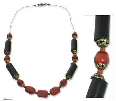 Leather and jasper long necklace, 'Esthetics of Zen' - Leather and jasper long necklace