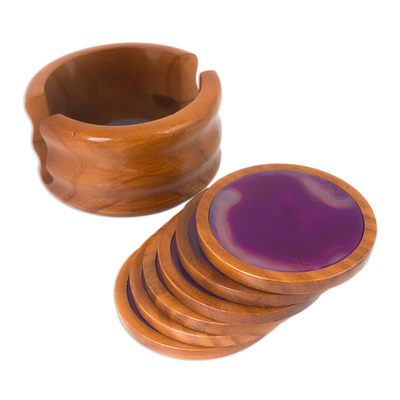 Cedar and agate coasters, 'Deep Rose' (set of 6) - Handcrafted Calming Stone Coasters from Brazil (Set of 6)